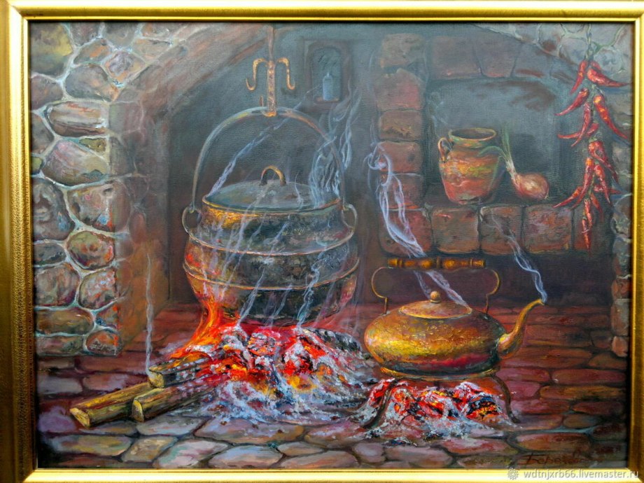 Камин гуашью