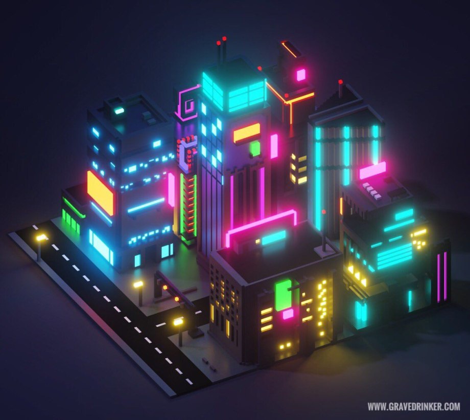 Low Poly 3d Cyberpunk город