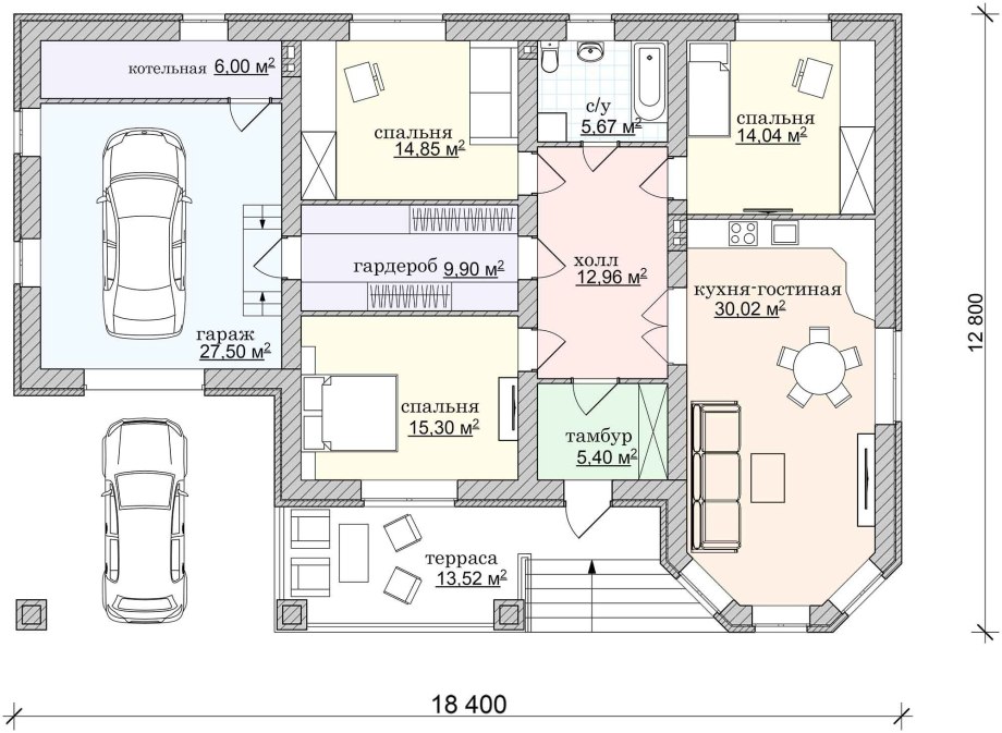 Планировка дома 150м² одноэтажный с гаражом и террасой