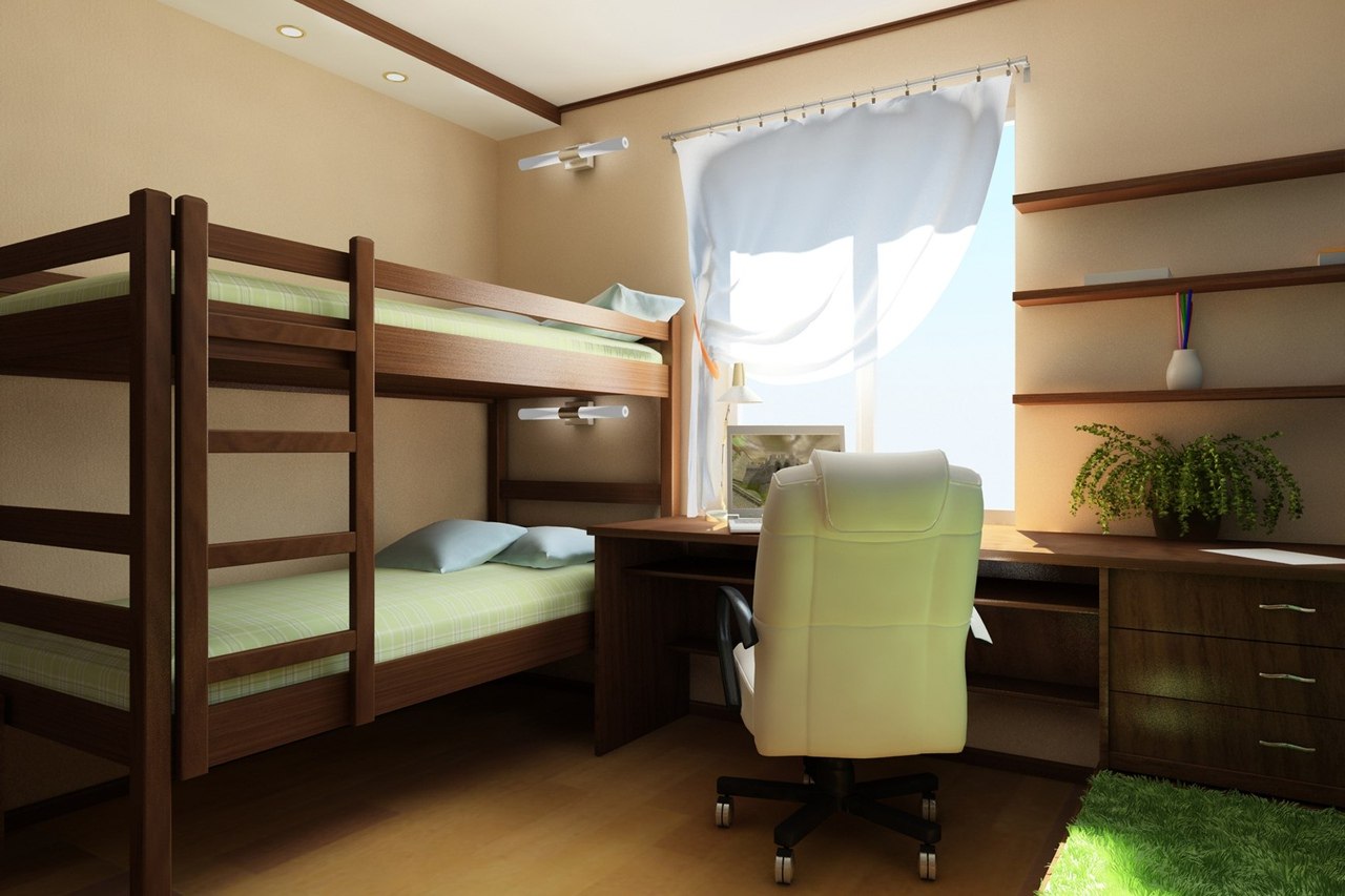 Планировка маленькой комнаты для двоих детей с двухъярусной кроватью
