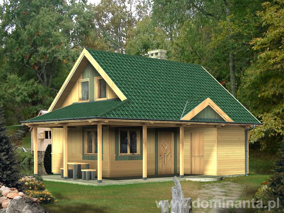 Деревянный дом с зеленой крышей