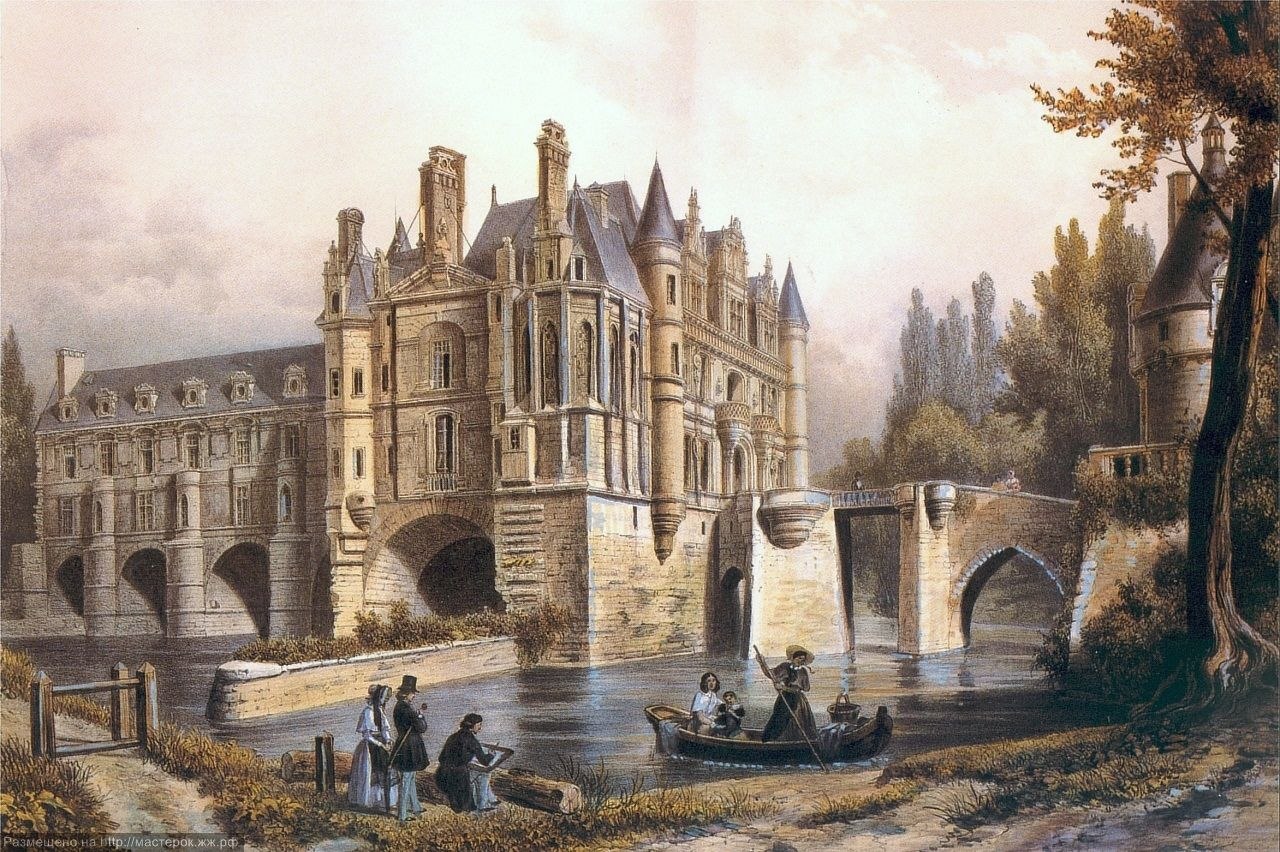 Старинный замок веков был. Замок Шенонсо Франция 16 век. Замок Шенонсо (Chateau de Chenonceau), Франция, 19-й век. Гравюра замок Шенонсо. Замок Шенонсо картина.