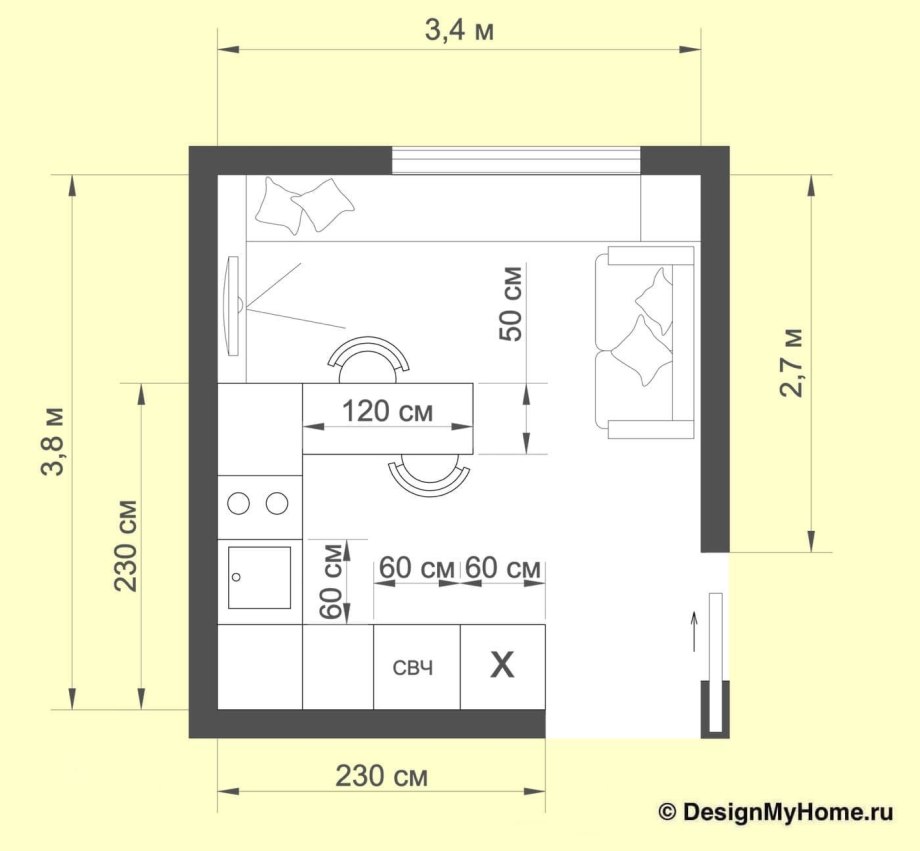 Планировка чертеж кухни 12м2