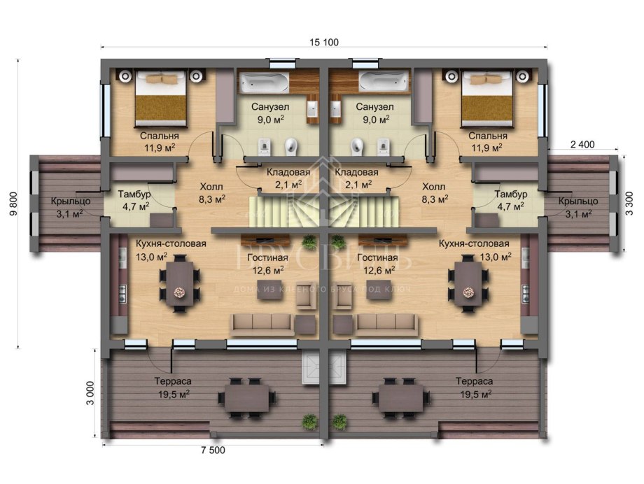 Планировка дуплекса 110 м2