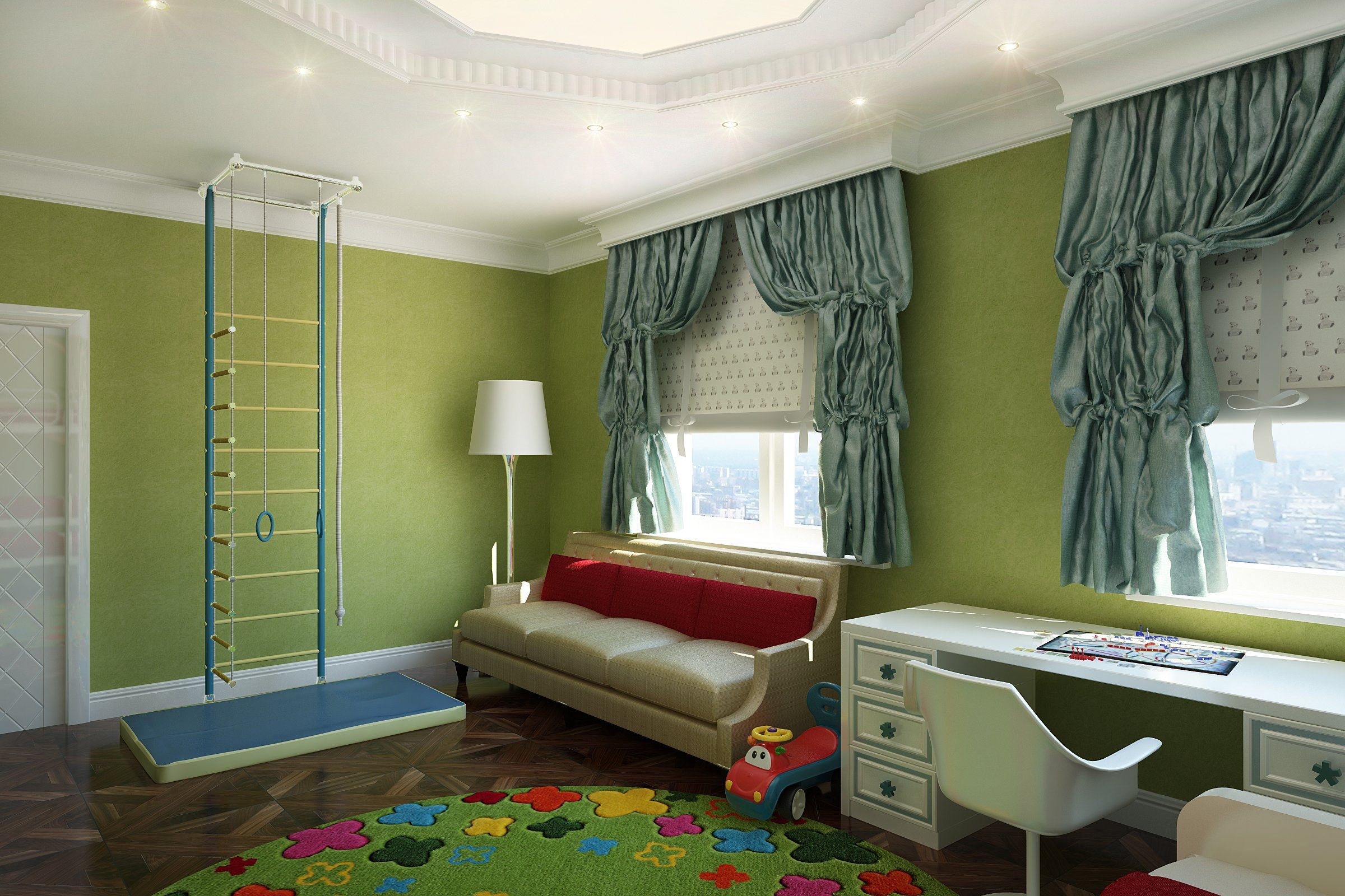 Детская комната для мальчика с двумя окнами