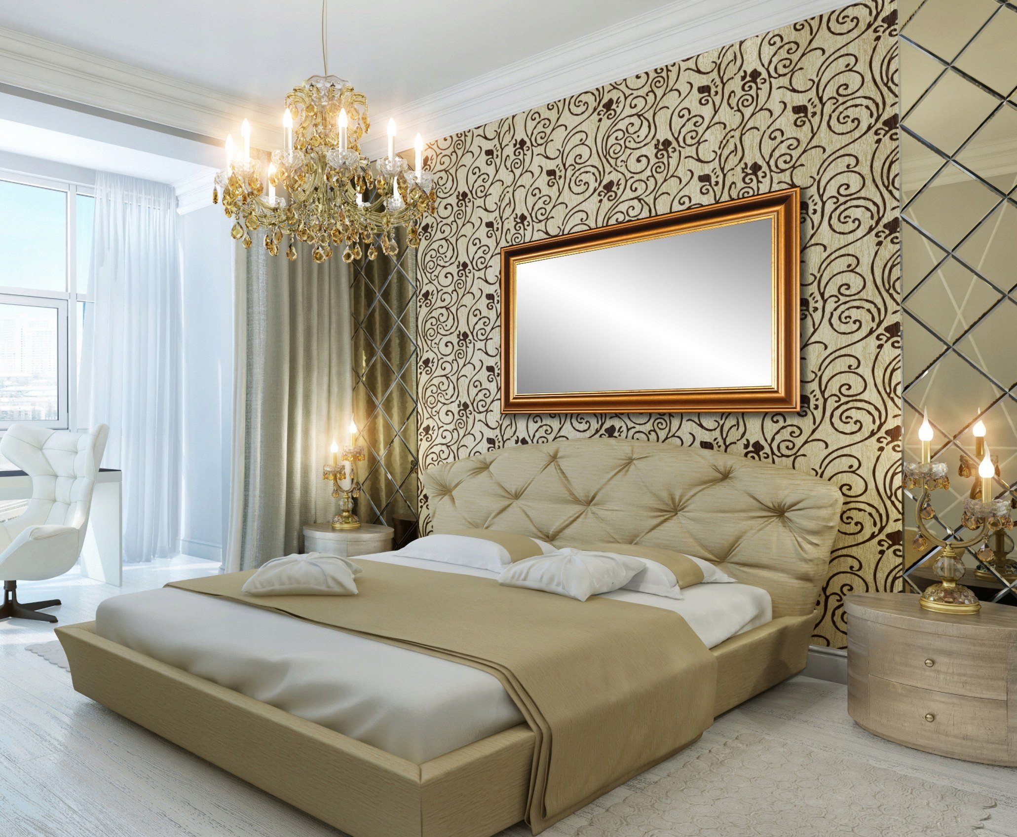 Спальня в бело золотых тонах в современном стиле