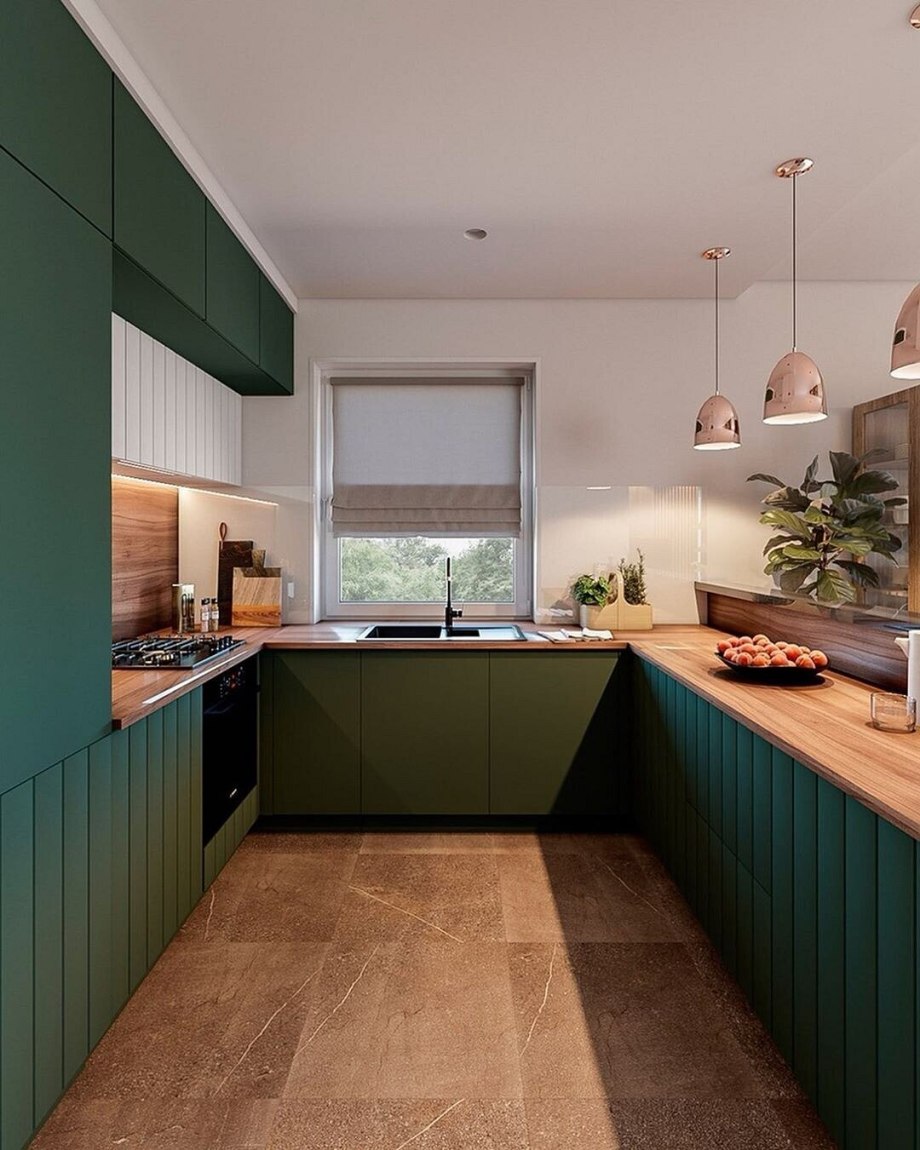 Зеленая кухня с деревянной столешницей (76 фото)